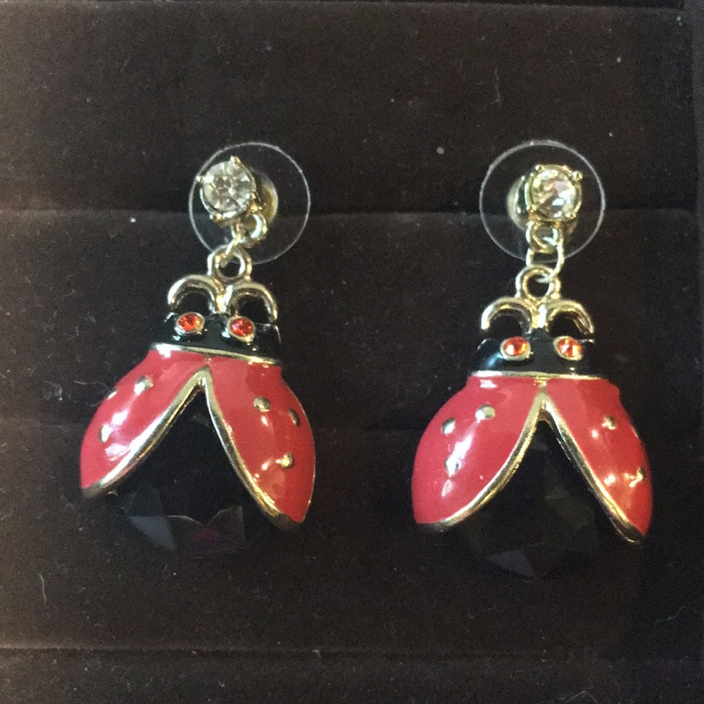 Betsey Johnson red & black enamel ladybug, red rhinestone eyes dangle earrings - Picture 2 of 9